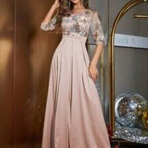 Contrast Sequin Puff Sleeve Satin Formal Dress